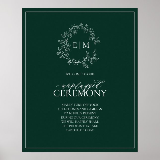 Poster Casamento Desplugado do Emerald Green Leafy Monogr (Frente)