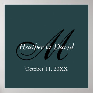 Poster Casamento do Monograma com Na moda de Cor Indigo