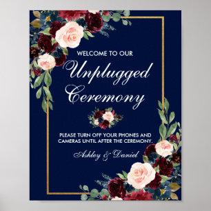Poster Casamento Dourado Floral Azul Borgonha Desconectad