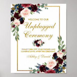 Poster Casamento Dourado Floral Azul Burgundy Desconectad