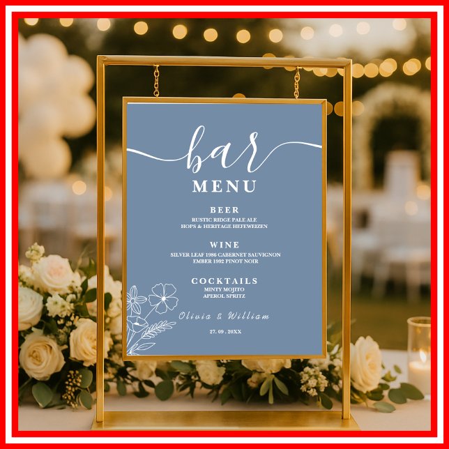 Poster Casamento Dusty Blue | Menu do Bar de Flores Silve (Criador carregado)