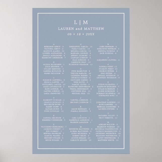 Poster Casamento elegante de Monograma Azul Simples (Frente)