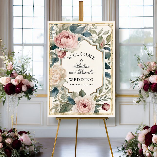 Poster Casamento Elegante de Pequim Floral Dourada e Rosa (Criador carregado)