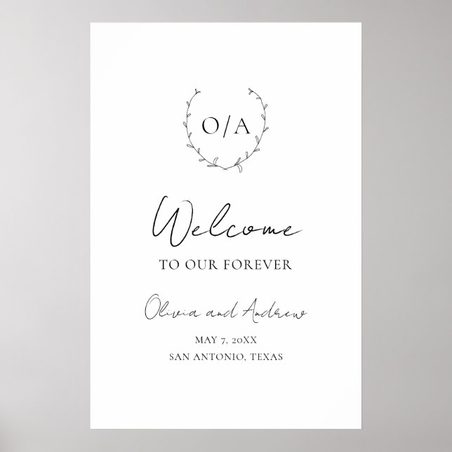 Poster Casamento Elegante do Monograma Wreath Clássico (Frente)