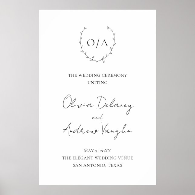 Poster Casamento Elegante do Monograma Wreath Clássico (Frente)