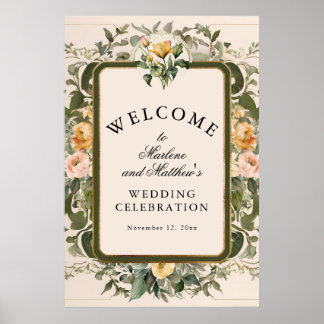 Poster Casamento Elegante Floral Amarelo Vitoriano Francê