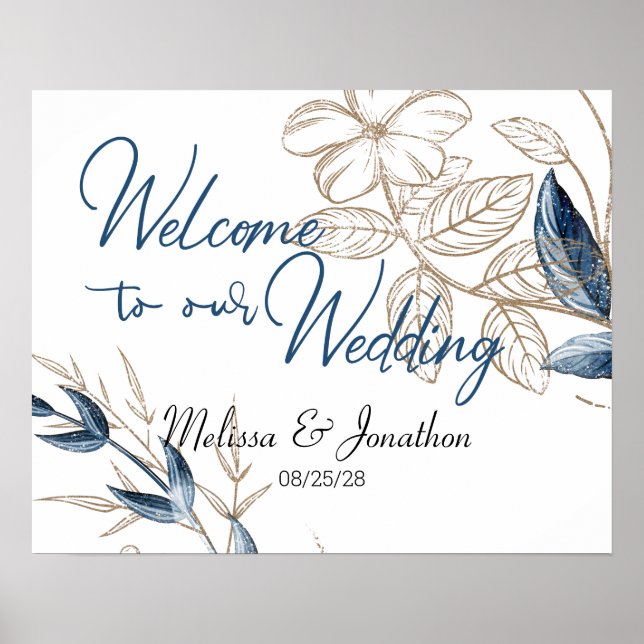 Poster Casamento Elegante Floral Moderno Dourado Azul (Frente)