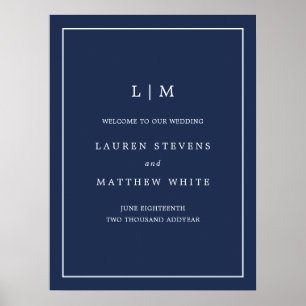 Poster Casamento Elegante Monograma Azul Simples Marinho
