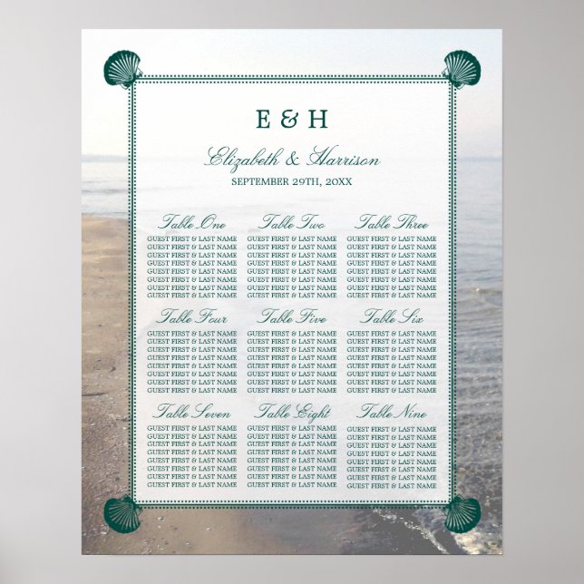 Poster Casamento Elegante Monograma & Teal Scallop Beach (Frente)