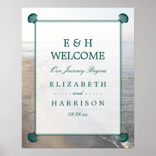 Poster Casamento Elegante Monograma & Teal Scallop Beach