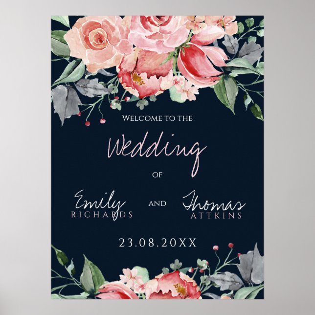 Poster Casamento Elegante Rosa Bege Marinho Script (Frente)