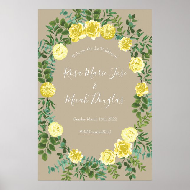 Poster Casamento Elegante Rosa de Vintage Amarelo (Frente)