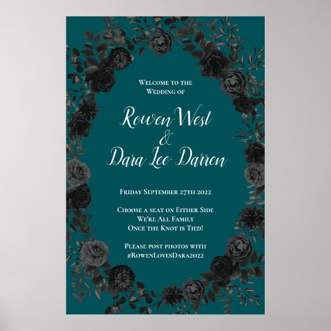 Poster Casamento Elegante Rosa Gótico de Teal Negro (Frente)