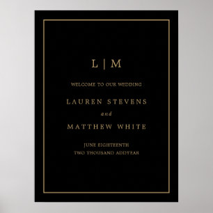Poster Casamento Elegante Simples de Monograma Preto e Do
