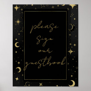 Poster Casamento Estrelas da Lua Celestial Preto e Dourad