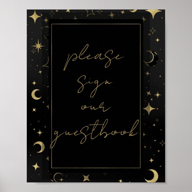 Poster Casamento Estrelas da Lua Celestial Preto e Dourad (Frente)