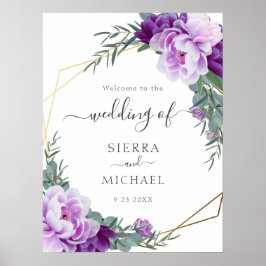Poster Casamento Eucalipto Floral Elegante Dourado e Roxo