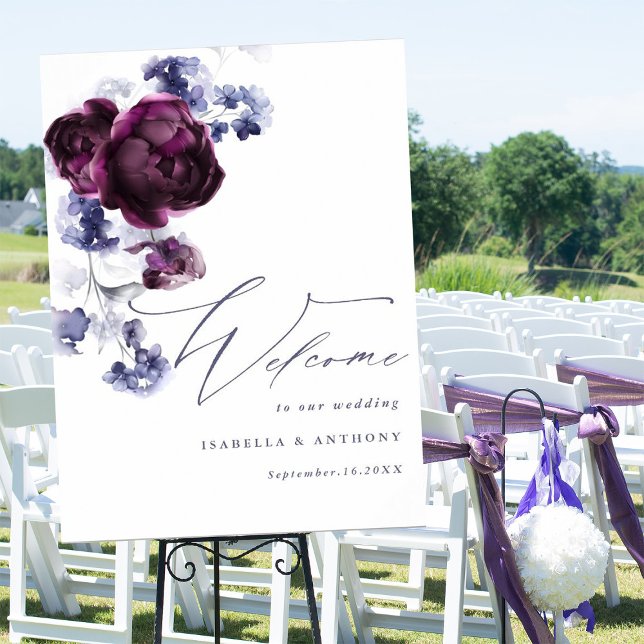 Poster Casamento Floral Azul-Indígo e Roxo-Púrpura (Criador carregado)
