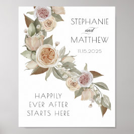 Poster Casamento Floral Botânico de Pêssego Rosa Dusty