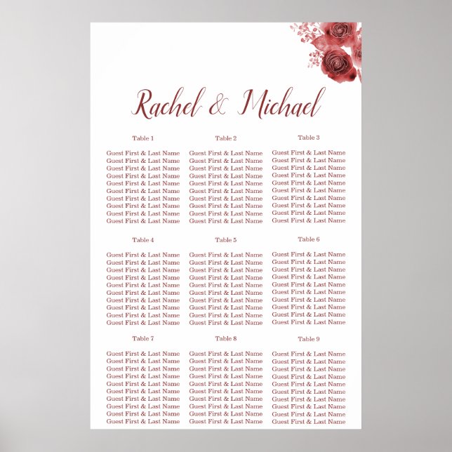 Poster Casamento floral branco e burgundy encantador (Frente)