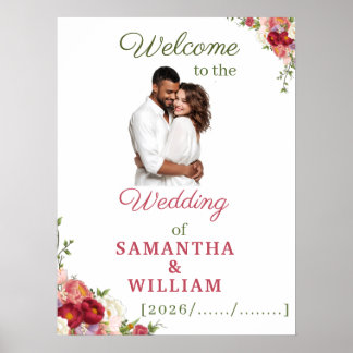 Poster Casamento Floral Burgundy e Rosa Elegante
