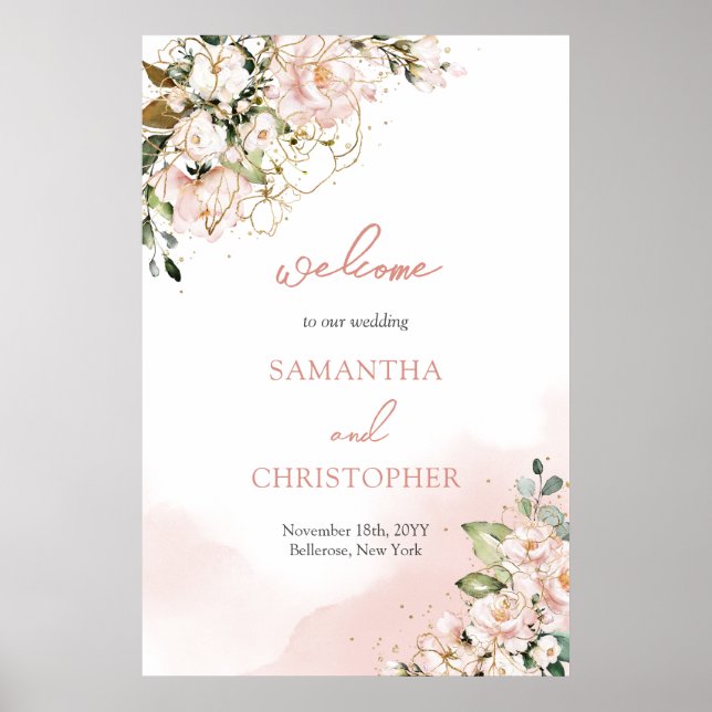 Poster Casamento floral cor-de-água pincel rosa (Frente)