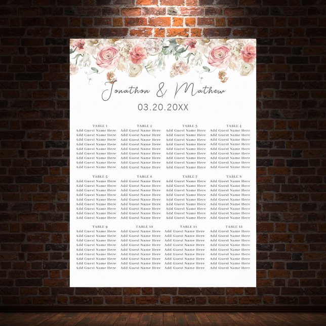 Poster Casamento Floral de Aquarela de Jardim de Verão (Summer Garden Watercolour Floral Wedding Seating Chart Poster
)