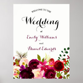 Poster Casamento Floral de Aquarela Vermelha Burgundy