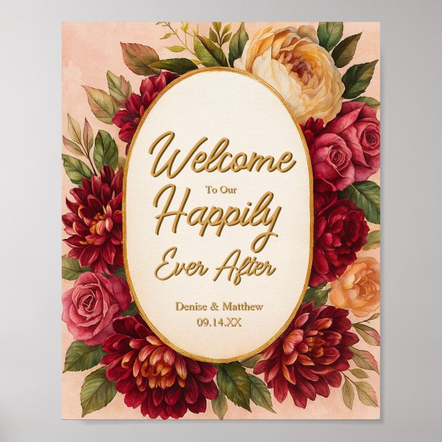 Poster Casamento Floral de Aquarelas Blush Burgundy (Frente)
