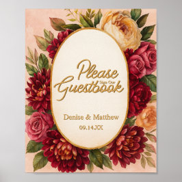 Poster Casamento Floral de Aquarelas Blush Burgundy