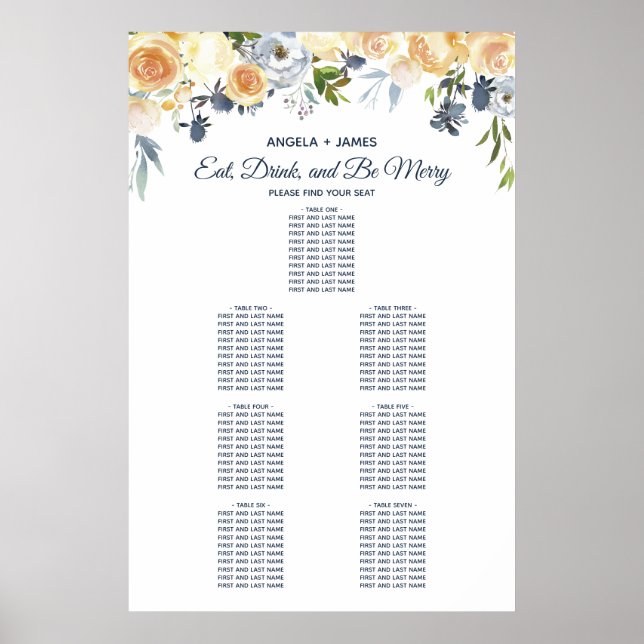 Poster Casamento Floral de Coral Azul marinho (Frente)