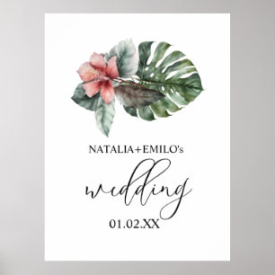 Poster Casamento Floral de Folha de Monstera em Aquarela