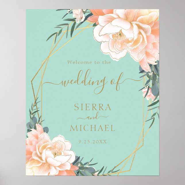Poster Casamento Floral de Pêssego Dourado Verde-Mint (Frente)