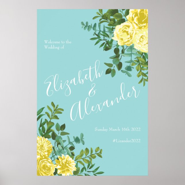 Poster Casamento Floral de Rosa Aqua Amarelo e Teal Claro (Frente)