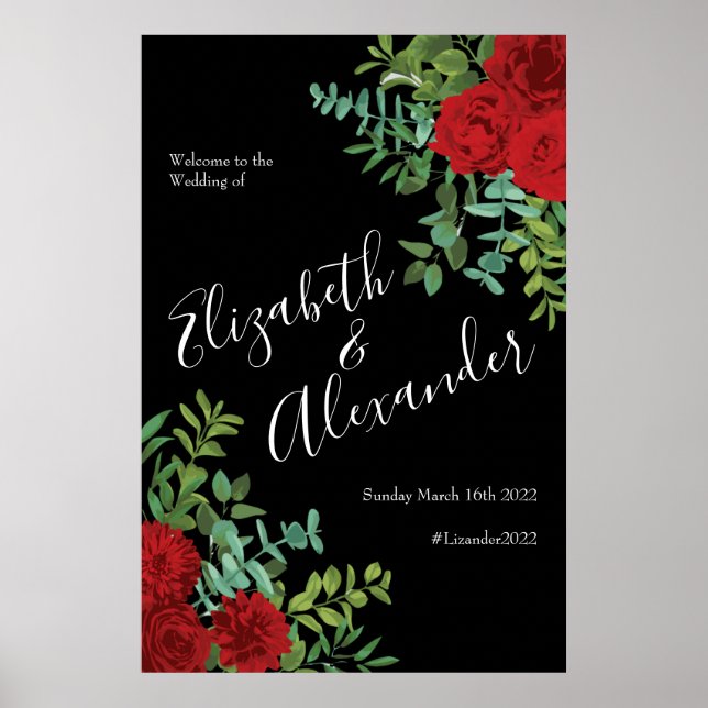 Poster Casamento Floral de Rosa de Peônia Negra e Vermelh (Frente)