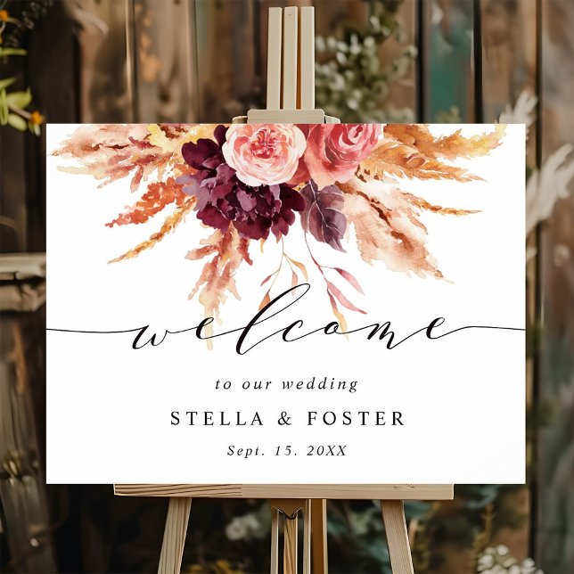 Poster Casamento Floral de Terracotta Fall Burgundy (Criador carregado)