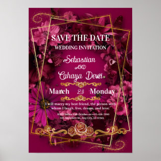 Poster Casamento Floral Dourado Borgonha