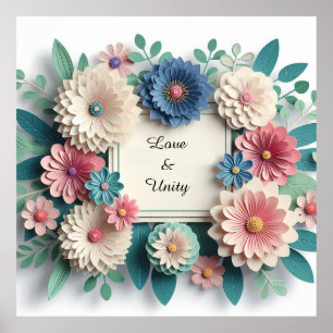 Poster Casamento Floral Flores de Papel 3D Moldura Floral