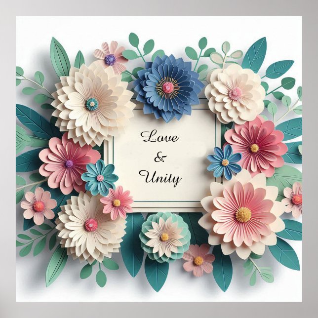 Poster Casamento Floral Flores de Papel 3D Moldura Floral (Frente)