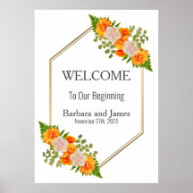 Casamento Floral Laranja Bege Geométrico Dourado