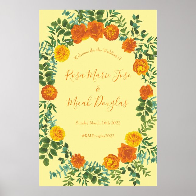 Poster Casamento Floral Laranja e Amarelo Claro e Rosa (Frente)
