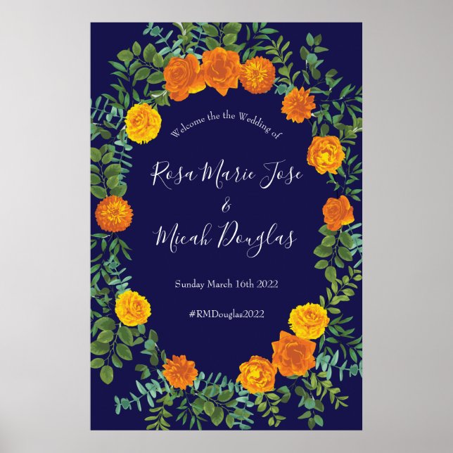 Poster Casamento Floral Laranja e Marinho Azul (Frente)