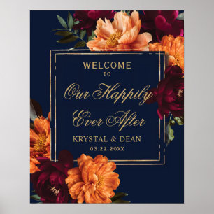 Poster Casamento Floral Laranja Queimada Borgonha Sombrio