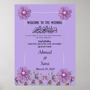 Poster Casamento Floral Lilás Elegante com Pérola
