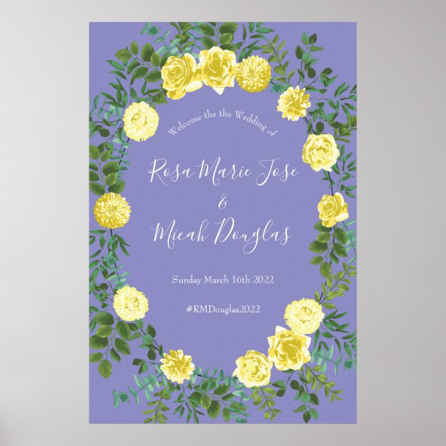 Poster Casamento Floral Rosa Azul Amarelo-Claro e Periwin (Frente)