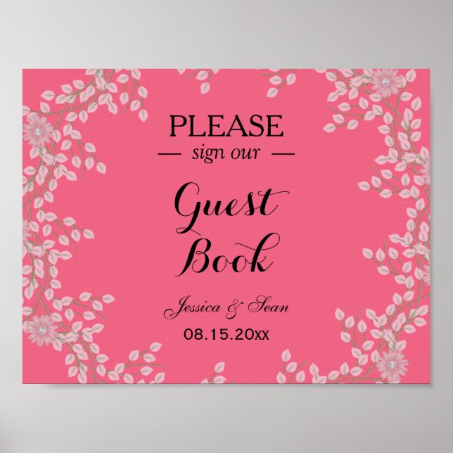 Pôster Casamento Floral Rosa Chic e Pérolas (Frente)