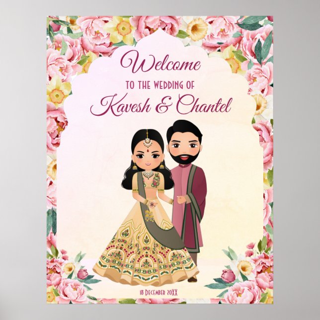 Poster Casamento floral rosa com casal indiano (Frente)