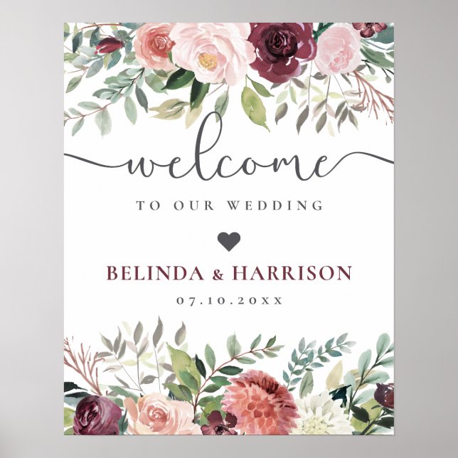 Poster Casamento Floral Rosa-Rosa-Rosa-Blush-Charm-Burgun (Frente)