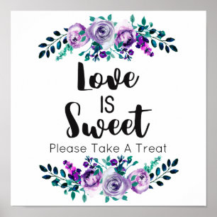 Poster Casamento Floral Roxo e Verde Amor é Doce