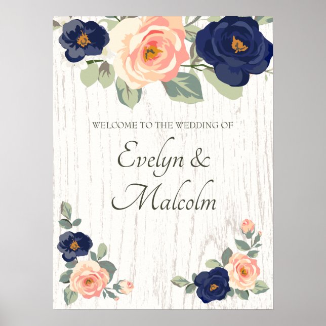 Poster Casamento Floral Rustic Country Marinho Blue and P (Frente)